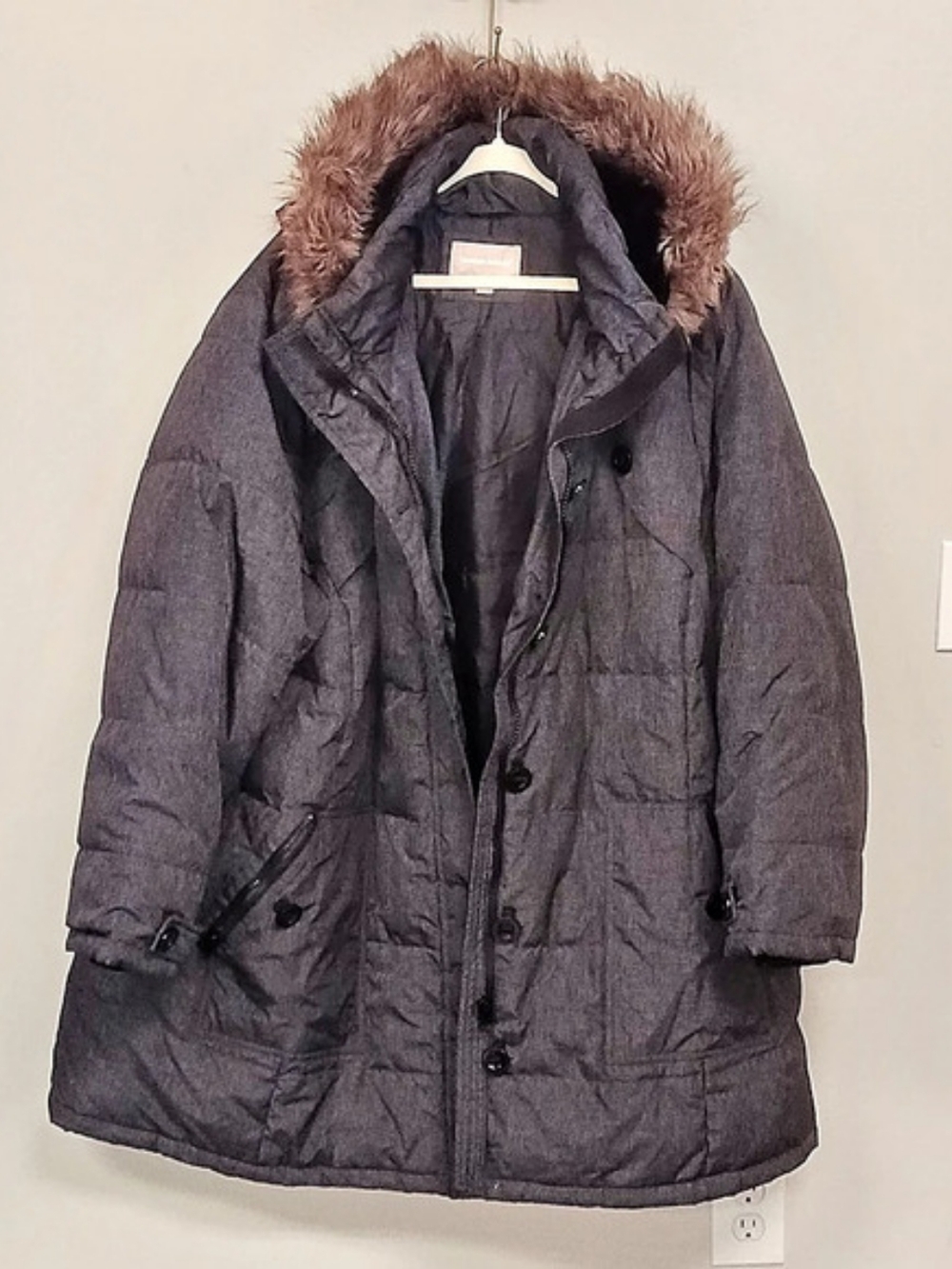Woman Within 34W Goose Down Feather Parka Puffer Coat Fur Hood Charcoal Gray